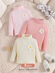 Cozy Pixies 女嬰秋冬休閒彈性舒適高領碎花上衣 3件套，畢業粉、白色、淺粉、奶油黃 - 粉色 - 查看 8