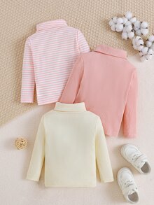Cozy Pixies 女嬰秋冬休閒彈性舒適高領碎花上衣 3件套，畢業粉、白色、淺粉、奶油黃 - 粉色 - 查看 2