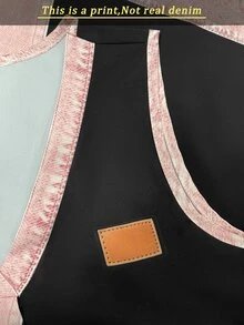 EMERY ROSE 新款牛仔效果撞色印花常规版型女式上衣 - 紅色和黑色 - 查看 6