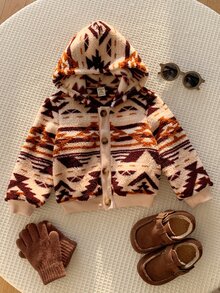 SHEIN 男女嬰兒/幼兒秋冬保暖內裡加厚休閒可愛幾何圖案連帽夾克外套，嬰兒冬季保暖加厚外套 - 棕色 - 查看 5