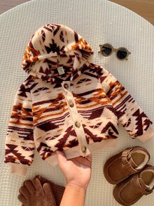 SHEIN 男女嬰兒/幼兒秋冬保暖內裡加厚休閒可愛幾何圖案連帽夾克外套，嬰兒冬季保暖加厚外套 - 棕色 - 查看 8