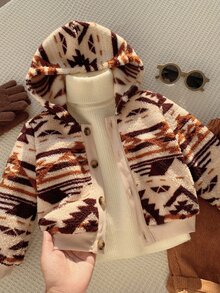 SHEIN 男女嬰兒/幼兒秋冬保暖內裡加厚休閒可愛幾何圖案連帽夾克外套，嬰兒冬季保暖加厚外套 - 棕色 - 查看 4