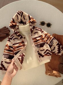 SHEIN 男女嬰兒/幼兒秋冬保暖內裡加厚休閒可愛幾何圖案連帽夾克外套，嬰兒冬季保暖加厚外套 - 棕色 - 查看 6