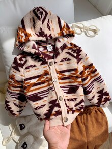 SHEIN 男女嬰兒/幼兒秋冬保暖內裡加厚休閒可愛幾何圖案連帽夾克外套，嬰兒冬季保暖加厚外套 - 棕色 - 查看 7