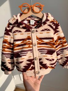 SHEIN 男女嬰兒/幼兒秋冬保暖內裡加厚休閒可愛幾何圖案連帽夾克外套，嬰兒冬季保暖加厚外套 - 棕色 - 查看 3