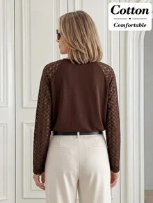 Miaspire Elegant Style, Contrast Lace Detail, Knit T-Shirts Blouse, Soft Cotton Brown, Crew Neck Long Sleeve, Business Office Casual, Autumn Fall Outfi - Coffee Brown - View 2