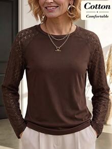 Miaspire Elegant Style, Contrast Lace Detail, Knit T-Shirts Blouse, Soft Cotton Brown, Crew Neck Long Sleeve, Business Office Casual, Autumn Fall Outfi - Coffee Brown - View 5