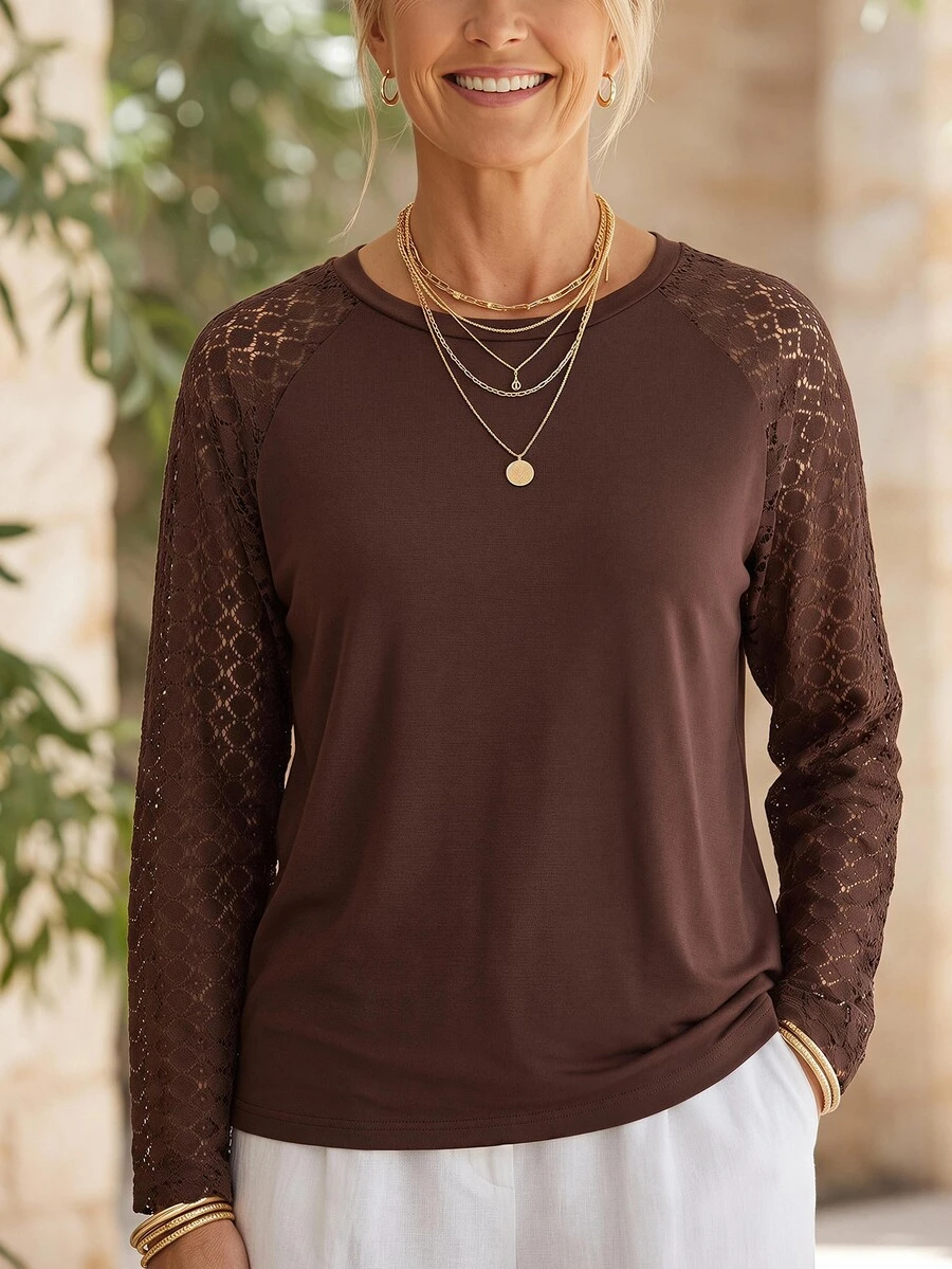 Miaspire Elegant Style, Contrast Lace Detail, Knit T-Shirts Blouse, Soft Cotton Brown, Crew Neck Long Sleeve, Business Office Casual, Autumn Fall Outfi - Coffee Brown - View 1