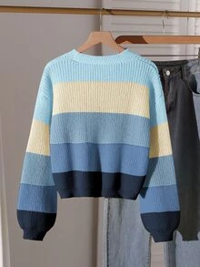SHEIN 青少年女孩新款秋冬彩虹拼接修身針織開襟毛衣，休閒百搭時尚外套 - 藍色 - 查看 2