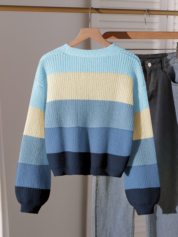 SHEIN Teen Girls' New Autumn/Winter Rainbow Colorblock Fitted Knit Cardigan Sweater, Casual Versatile Fashion Outerwear - Blue - View 2