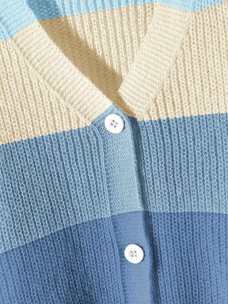SHEIN Teen Girls' New Autumn/Winter Rainbow Colorblock Fitted Knit Cardigan Sweater, Casual Versatile Fashion Outerwear - Blue - View 4