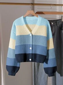 SHEIN 青少年女孩新款秋冬彩虹拼接修身針織開襟毛衣，休閒百搭時尚外套 - 藍色 - 查看 1