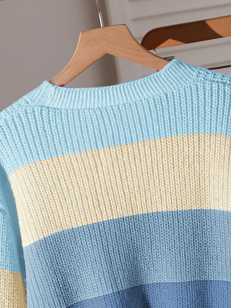 SHEIN Teen Girls' New Autumn/Winter Rainbow Colorblock Fitted Knit Cardigan Sweater, Casual Versatile Fashion Outerwear - Blue - View 7