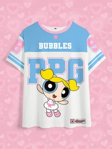 THE POWERPUFF GIRLS X SHEIN 大尺碼女款字母印花短袖休閒T恤 - 白色 - 查看 4