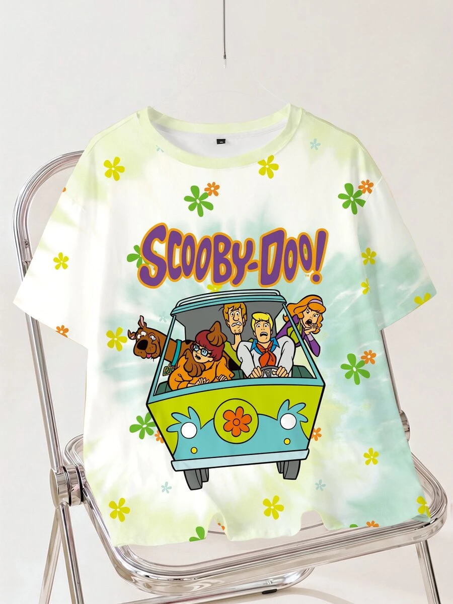 SCOOBY-DOO X SHEIN DOO 大尺碼女款字母花卉印花圓領短袖休閒T恤 - 白色 - 查看 1