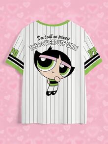 THE POWERPUFF GIRLS X SHEIN 女款字母條紋印花圓領短袖休閒T恤 - 白色 - 查看 5