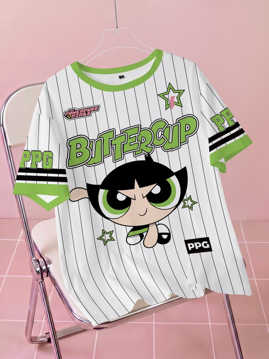 THE POWERPUFF GIRLS X SHEIN 女款字母條紋印花圓領短袖休閒T恤 - 白色 - 查看 1