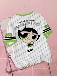 THE POWERPUFF GIRLS X SHEIN 女款字母條紋印花圓領短袖休閒T恤 - 白色 - 查看 2