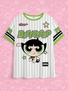 THE POWERPUFF GIRLS X SHEIN 女款字母條紋印花圓領短袖休閒T恤 - 白色 - 查看 4
