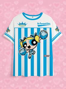 THE POWERPUFF GIRLS X SHEIN Plus Size Women's Striped Crew Neck Short Sleeve T-Shirt - White - View 4