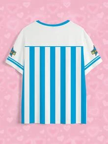 THE POWERPUFF GIRLS X SHEIN Plus Size Women's Striped Crew Neck Short Sleeve T-Shirt - White - View 5