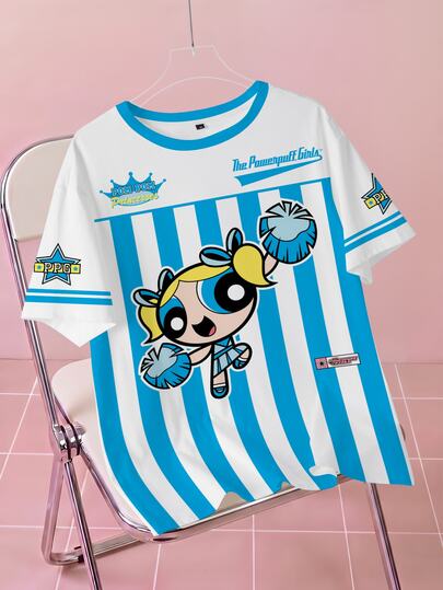 THE POWERPUFF GIRLS X SHEIN تي شيرت نسائي مقاس كبير مخطط بياقة دائرية وأكمام قصيرة