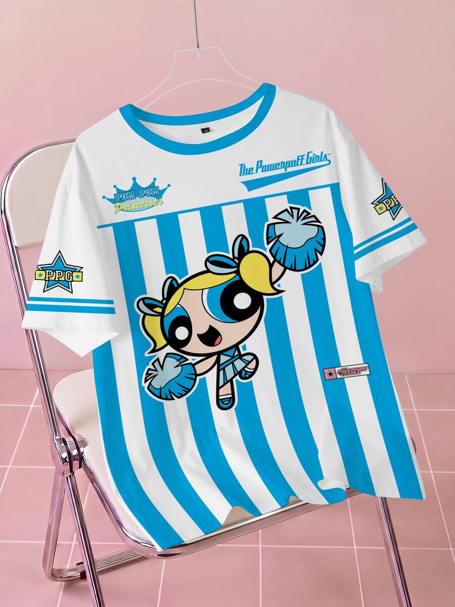 THE POWERPUFF GIRLS X SHEIN Plus Size Women's Striped Crew Neck Short Sleeve T-Shirt - White - View 1