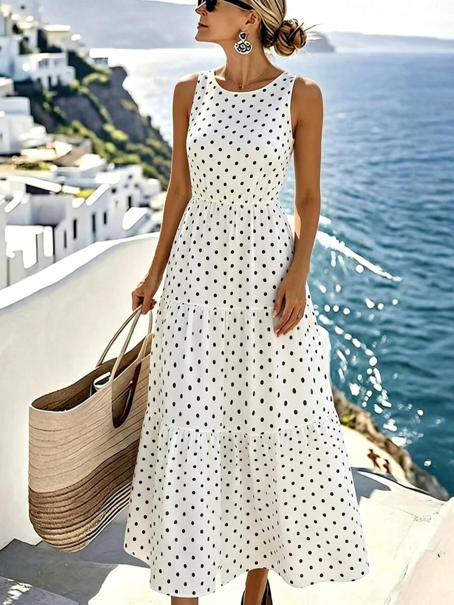 Louniche Polka Dot Sleeveless Ruffle Hem A-Line Dress Maxi Women Outfit - White - View 1