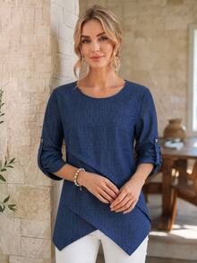 EMERY ROSE Women's Round Neck Asymmetrical Hem Rolled Cuff Blouse - Blue - View 4