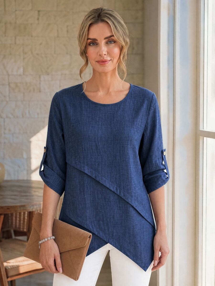 EMERY ROSE Women's Round Neck Asymmetrical Hem Rolled Cuff Blouse - Blue - View 1