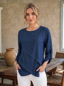 EMERY ROSE Women's Round Neck Asymmetrical Hem Rolled Cuff Blouse - Blue - View 6