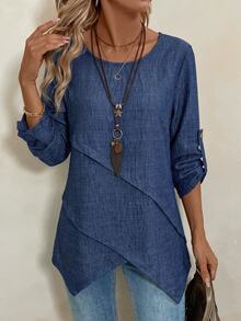 EMERY ROSE Women's Round Neck Asymmetrical Hem Rolled Cuff Blouse - Blue - View 1