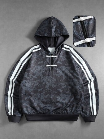 Street Life Amerikanischer Streetstyle Drachenmuster Allover-Muster Unisex Kontrastfarben gestreiftes Sport-Gurtband Casual Pullover Sweatshirt