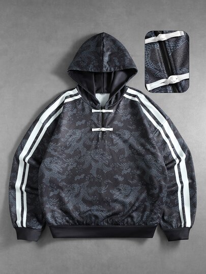 Street Life Felpa sportiva casual unisex con stampa all-over a motivo drago, stile street americano, a righe a contrasto e dettagli in nastro elastico