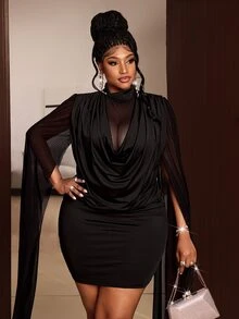 Maweii Plus Size Women's Mesh Patchwork Pleated Fashion Date Dress Fall - Black - View 7