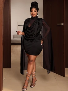 Maweii Plus Size Women's Mesh Patchwork Pleated Fashion Date Dress Fall - Black - View 6