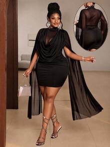 Maweii Plus Size Women's Mesh Patchwork Pleated Fashion Date Dress Fall - Black - View 1