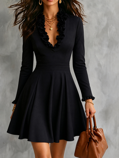 SHEIN Vestido de línea A con cuello en V, cintura ceñida, mangas largas plisadas y adornos de madera en las orejas, vestido de oficina, vestido de otoño/invierno, vestido para citas, vestido corto negro liso con puños de volantes que estiliza la figura