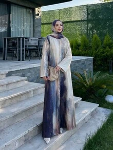 Yasveil رداء طويل فضفاض أنيق وكاجوال مطبوع للنساء مع حجاب - رمادي فاتح - مشاهدة 5