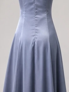Zerodot Women Steel Blue Satin Flared Pleated Long Elegant Dress Party Going Out Fall Pre Fall - Blue - View 8