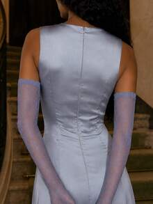 Zerodot Women Steel Blue Satin Flared Pleated Long Elegant Dress Party Going Out Fall Pre Fall - Blue - View 2