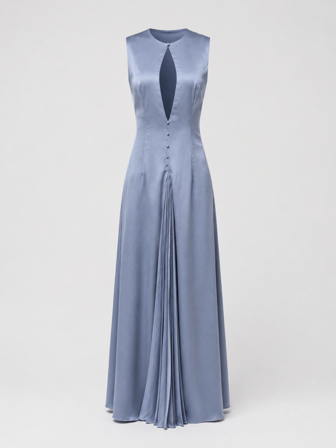 Steel Blue Satin Flared Pleated Long Dress, view 5