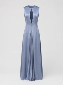 Zerodot Women Steel Blue Satin Flared Pleated Long Elegant Dress Party Going Out Fall Pre Fall - Blue - View 5