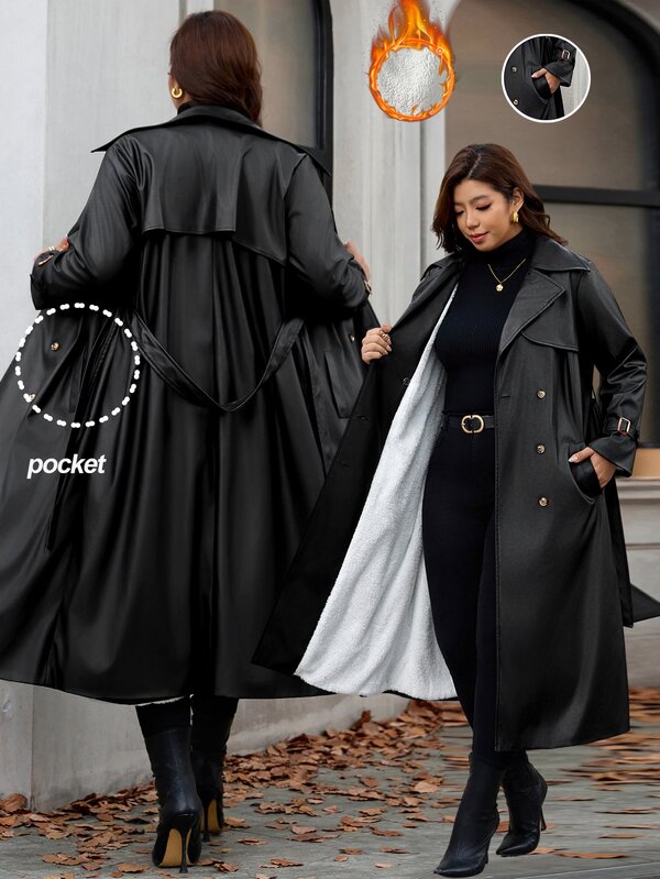 Reflora Plus Size Women's Solid Color Lapel NeckLong Sleeve Double-Breasted Trench Coat Jacket Office Airport Black Autumn Elegante