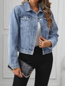 EMERY ROSE Women's Casual Distressed Cropped Denim Jacket - Light Wash - View 7