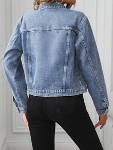 EMERY ROSE Women's Casual Distressed Cropped Denim Jacket - Light Wash - View 2