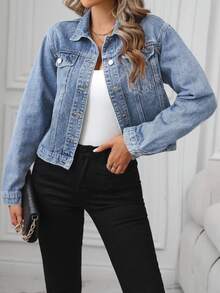 EMERY ROSE Women's Casual Distressed Cropped Denim Jacket - Light Wash - View 3