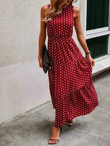 Louniche Polka Dot Sleeveless Ruffle Hem A-Line Dress Maxi Women Outfit - Burgundy - View 3