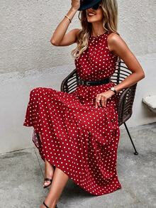 Louniche Polka Dot Sleeveless Ruffle Hem A-Line Dress Maxi Women Outfit - Burgundy - View 6