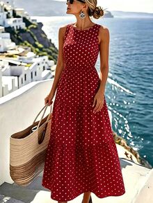 Louniche Polka Dot Sleeveless Ruffle Hem A-Line Dress Maxi Women Outfit - Burgundy - View 1
